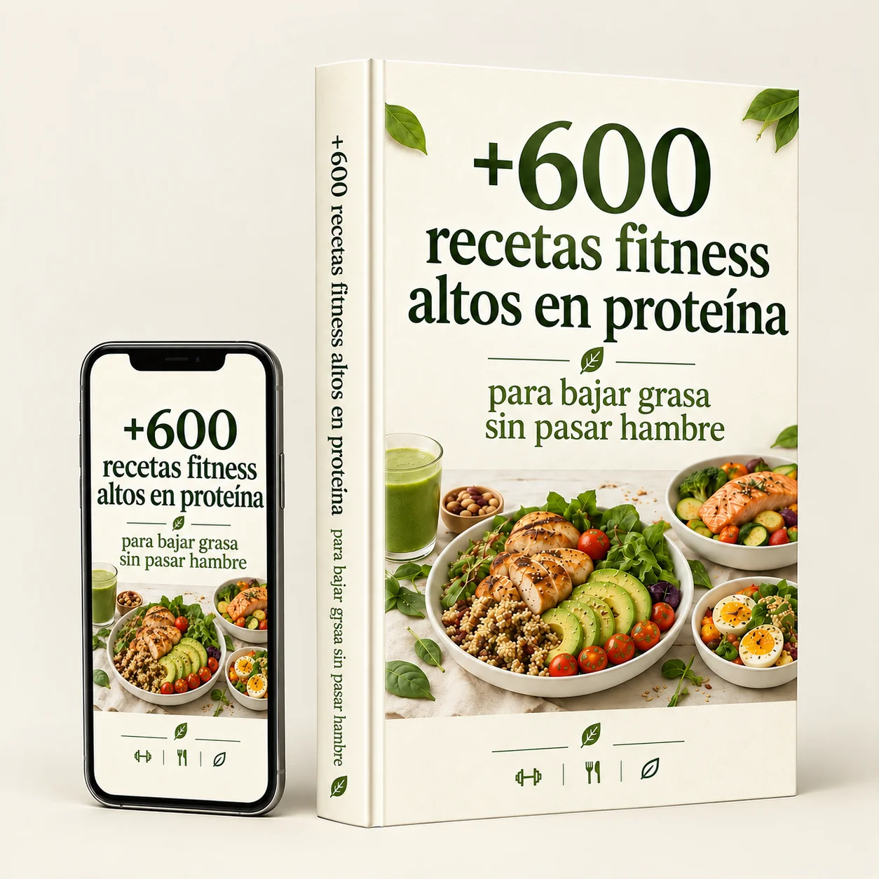 Libro y celular con la guía de más de 600 recetas fitness altas en proteína