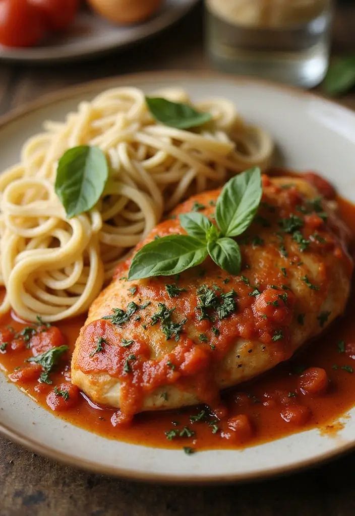 Pechuga de pollo en salsa de tomate acompañada de pasta