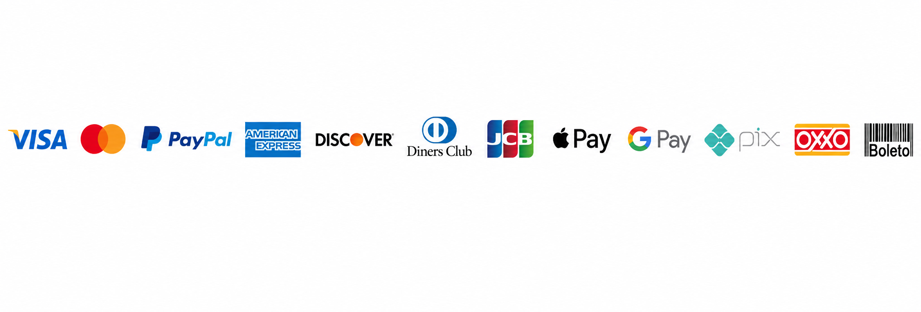 Métodos de pago compatibles con Hotmart: Visa, Mastercard, PayPal, American Express, Discover, Diners Club, JCB, Apple Pay, Google Pay, Pix, OXXO y Boleto
